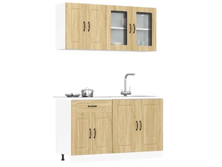 Molumvel 4-TLG. Küchenschrank-Set Sonoma-Eiche Holzwerkstoff Glas-Fronten Inklusive Spülen- & Hängeschränken, Verstellbare Füße, Einfache Montage