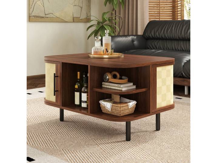 BBWL Couchtisch mit Stauraum MDF Korpus Geflechtfront Metallbeine Geschwungene Form, Couchtisch Wohnzimmertisch Walnuss