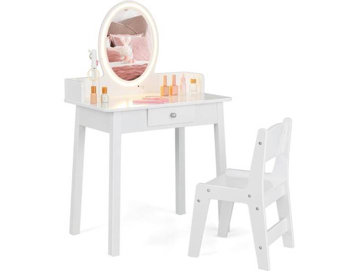 GOPLUS Coiffeuse Fille avec Miroir LED Bicolore Table de Maquillage avec Range-Bijoux Forme d'arbre pour Fille 3-8 Ans Blanc