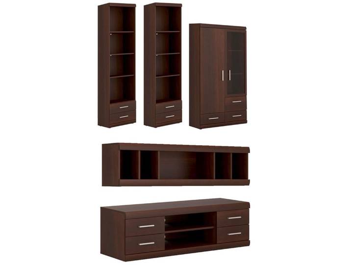 Feldmann-Wohnen Wohnwand Imperial, (Holztüren, Glastüren, Schubkästen, Einlegeböden, Glasböden, 5-St., moderne Nussbaumoptik, Kunststoffgriffe), 5-teilig Nussbaum Imperial