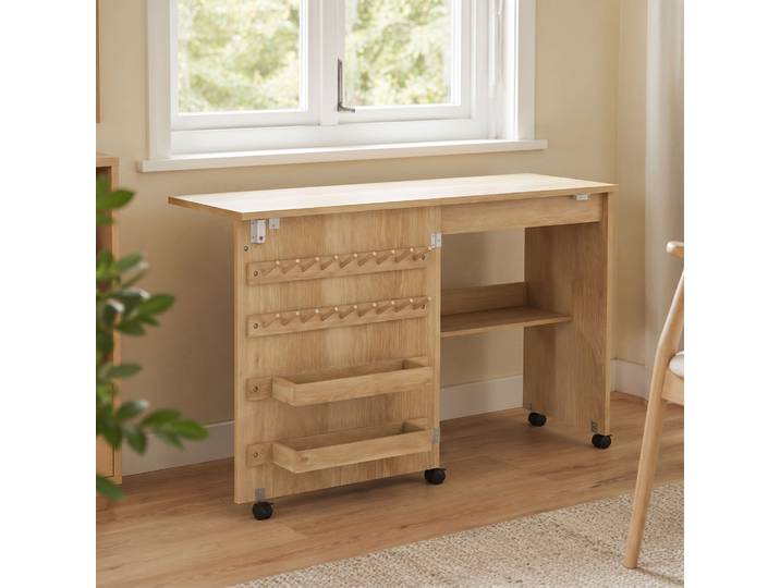 HOMCOM Table Couture Pliante Roulante 2 Bacs Étagère Naturel