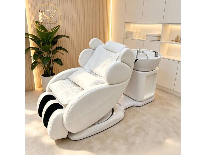 Fauteuil de massage électrique inclinable et rotatif, design blanc de luxe, chaise de lavage de cheveux équipée d'un lavabo