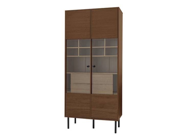 Modfu Vitrine 75.5x35x164.5cm in Holz mit Glasfront & Schubladen, Walnussfarben, 75.5x164.5x35 cm, Esszimmer, Vitrinen, Vitrinenschränke