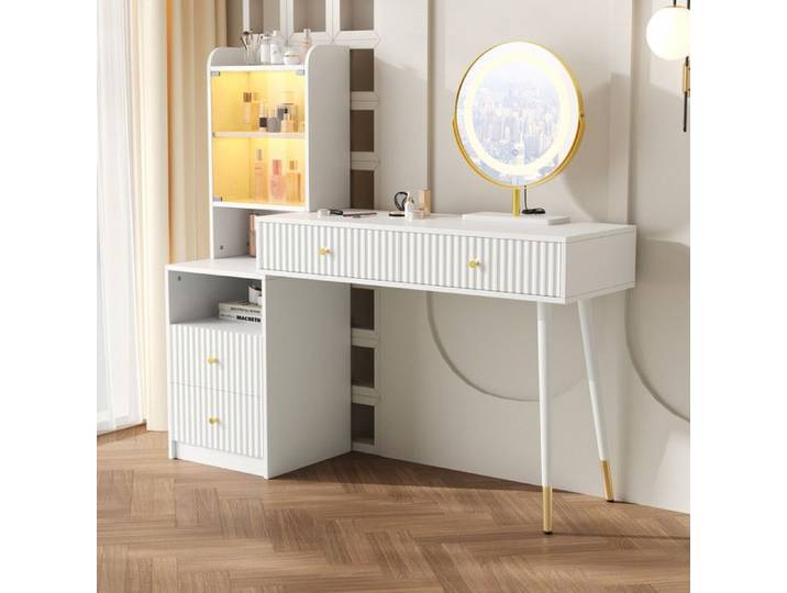 Bladez -Coiffeuse avec miroir LED Meuble maquillage Avec 4 tiroirs Armoire vitrée éclairée Rangement ouvert 100x40x125cm Blanc