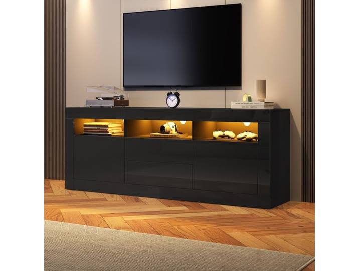 Meuble TV Noir Haut Brillant avec Eclairage LED 2 Portes 2 Tiroirs Compartiments Armoire TV 160cm
