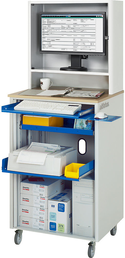 Computer-Arbeitsplatz, HxBxT 1810 x 720 x 660 mm, mit Monitorgehäuse, fahrbar, anthrazit-metallic / enzianblau RAU