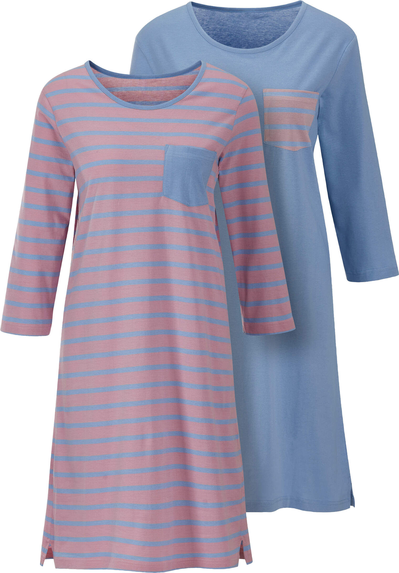 Schlafanzug WITT "Sleepshirts Sleepshirts im Baumwoll-Mix 2 Stück", Damen, Gr. 36/38, rosa (bleu, hortensia, bleu, geringelt), Sportlich, Rundhals, Homewear-Sets Schlafanzug