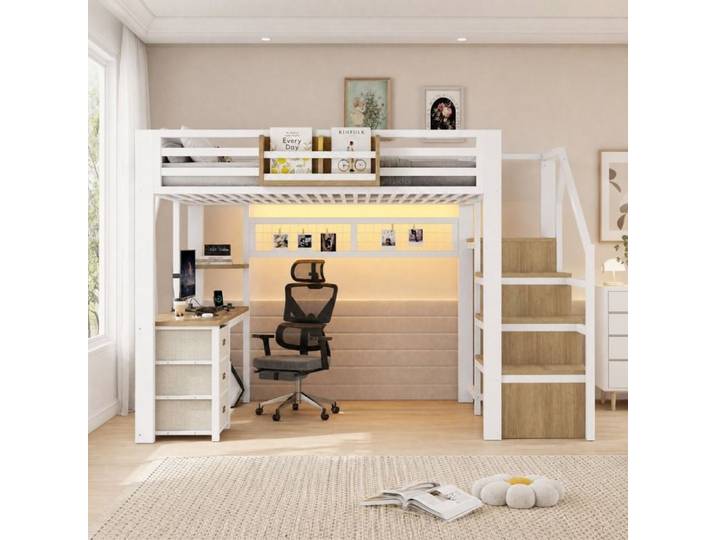Lit mezzanine double - ZEVKOR - 140×200 - Bureau intégré - 3 tiroirs & penderie - LED intégrée