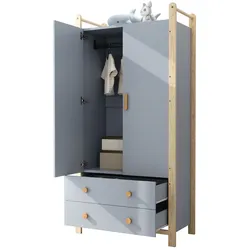 2-türiger Kleiderschrank 90x45x180cm mit Kleiderstange und 2 Schubladen in Blau+Natur, ideal für Schlafzimmer und Flur