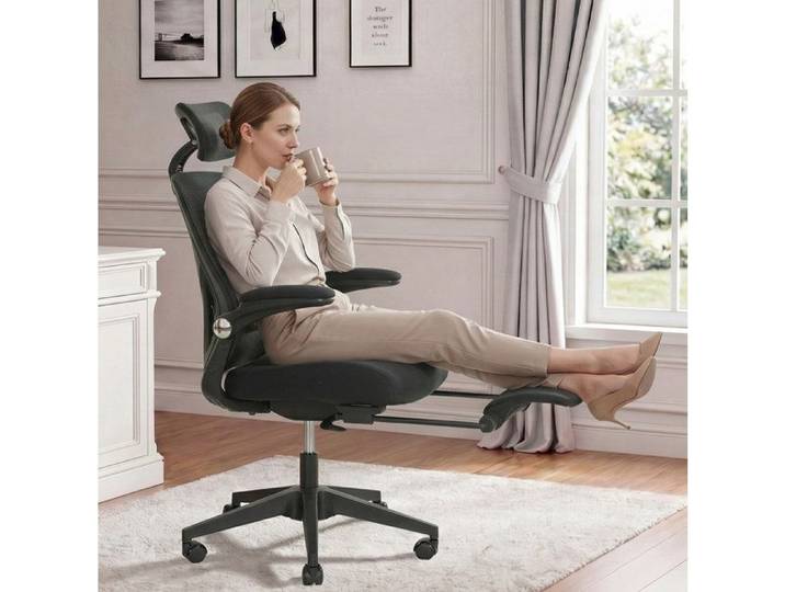 Chaise de bureau ergonomique pliable appui-tête 3D soutien lombaire repose-pieds noire