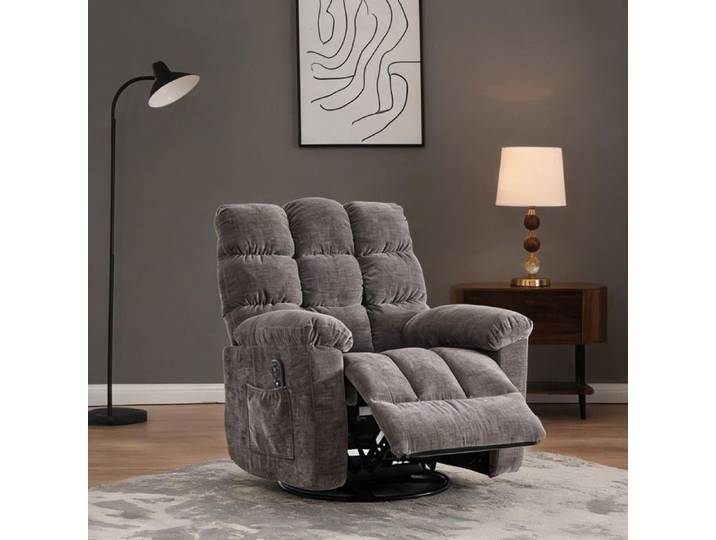 Fauteuil relax électrique 360° massant et chauffant en chenille soft gray repose-pieds réglable
