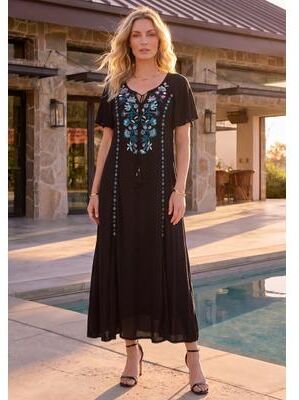 Plus Size Women's Plus Size Flutter Sleeve Hand Crinkled Maxi Dress - Curvy A-Line by Roaman's in Black Mandevilla Vines (Size 38/40)