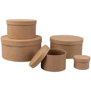 Rayher Geschenkbox 67382000 Pappmaché, braun, Set mit 5 verschiedenen Größen, Karton, rund, 5-teilig
