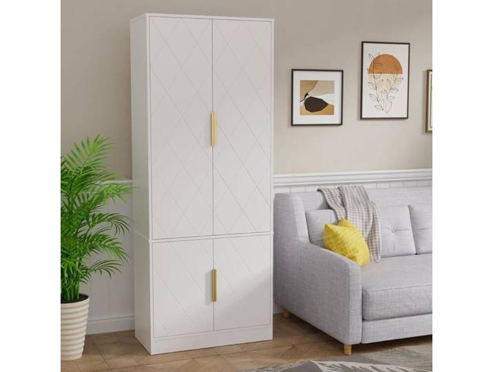 GOOBUY Buffet de Cuisine Haute 150cm Armoire Rangement à 4 Portes Meuble de Rangement Motif Ligne Style Scandinave Blanc