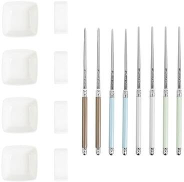French Home Mother of Pearl Colored Chopsticks, Ceramic Rests and Sauce Bowls, Set of 4 Pairs