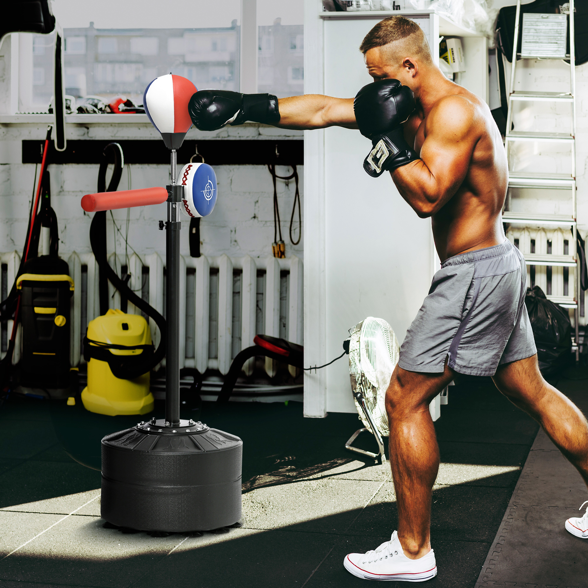 Sportnow Sacco Boxe da Terra con Barra Girevole, Speedball e Colpitore, in Acciaio, HDPE e PU, 80.5x48x163-205 cm   Aosom Italy
