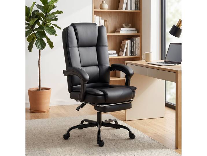 HOMCOM Chaise Bureau Ergonomique Inclinable PU Repose-pieds Noir