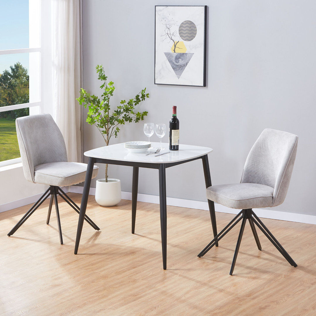 Metro Aspen Gloss White Sintered Stone Square Table with 2 Swivel Upholstered Fabric Chairs - Modern Dining Set Light Grey 2