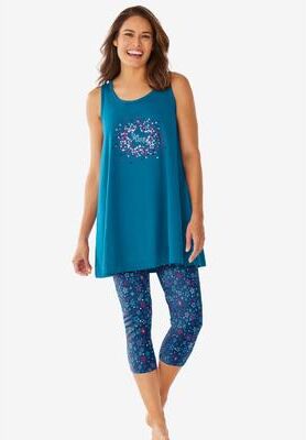 Plus Size Women's Scoopneck Tank & Capri Legging PJ Set by Dreams & Co. in Deep Teal Stargazer (Size 34/36) Pajamas