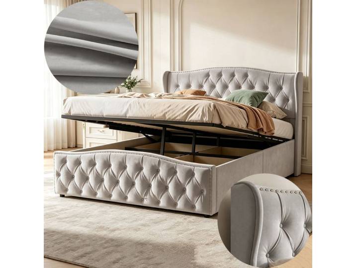 Lit 160x200 avce sommier et coffre de lit décoration de rivet 160x200 lit coffre tissu en velours gris