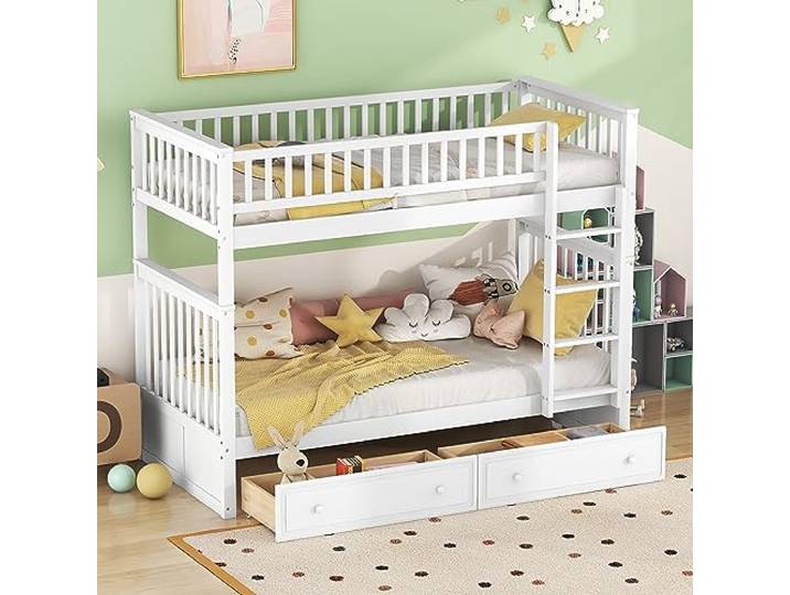 FAVSH Etagenbett 90x200 cm für 2 Kinder, Kinder Hochbett mit Stauraum-Schubladen und Rausfallschutz, Jugendbett mit Lattenrost und Leiter für Kinder und Jugendliche, ohne Matratze, Weiß