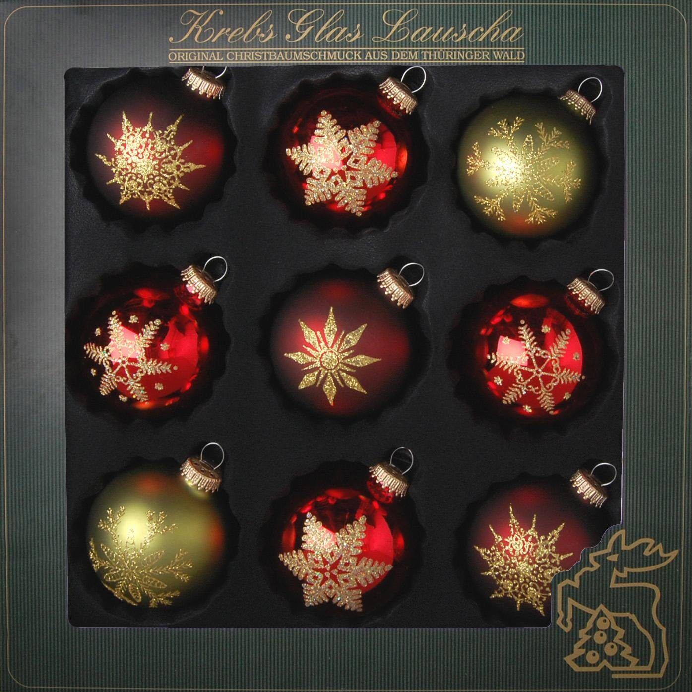 Weihnachtsbaumkugel KREBS GLAS LAUSCHA "Schneeflocken, Weihnachtsdeko rot, Christbaumschmuck", rot (rot, grün), Ø:8cm, Glas, Weihnachtsbaumkugeln, Weihnachtsbaumkugel, hochwertige Christbaumkugeln aus Glas, mundgeblasen, rot/grün rot, grün 8cm