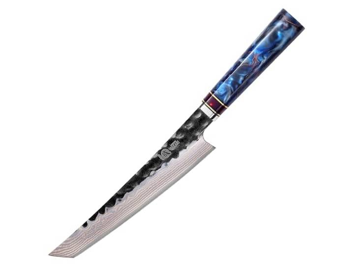 MITSUMOTO SAKARI 21 cm Japanisches Messer, Handgeschmiedetes Küchenmesse Dreifarbiges Kupfer-Damaststahl, Professionelles Fleisch Sushi Küchenmesser , Blauer Harzgriff und Exquisite Holzkiste