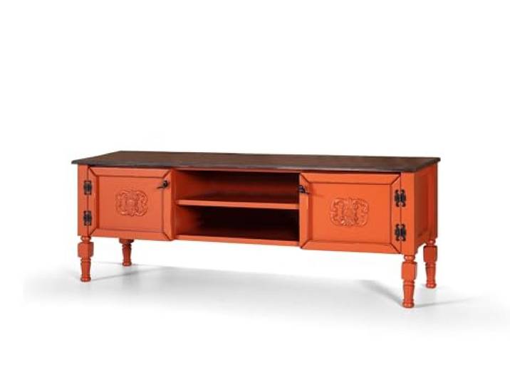 Stilvolles orangefarbenes TV-Möbel, 150 cm breit, 100% MDF mit Fichtenplatte und Beinen aus Hainbuche 10 mm Stärke, perfekt für traditionelle Wohnzimmer