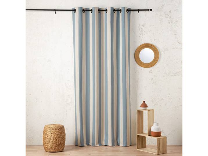 Rideau à rayures verticales en armure satin avec œillets coton bleu