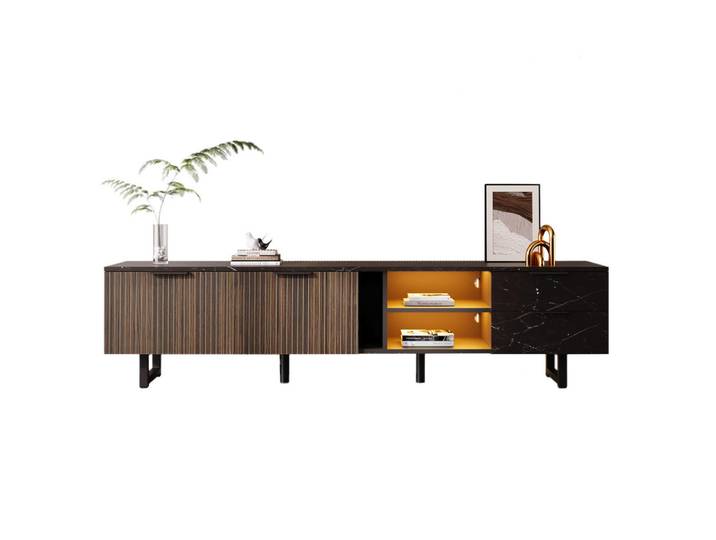 Modenvie Lowboard 200/38/50 cm aus MDF mit LED-Beleuchtung und 15 cm Bodenfreiheit Schwarz (Marmoroptik), Marmor Optik, nicht einzeln stellbar,Rechteckig, 200x50x38 cm, Wohnzimmer, TV Möbel, Lowboards, Lowboards stehend