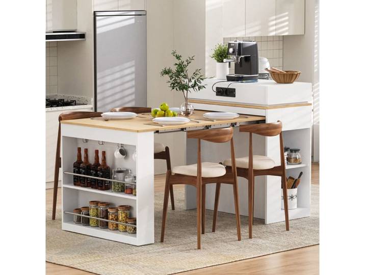 WOVREO îlot central extensible avec prise intégrée table rabattable rangements blanc et aspect bois