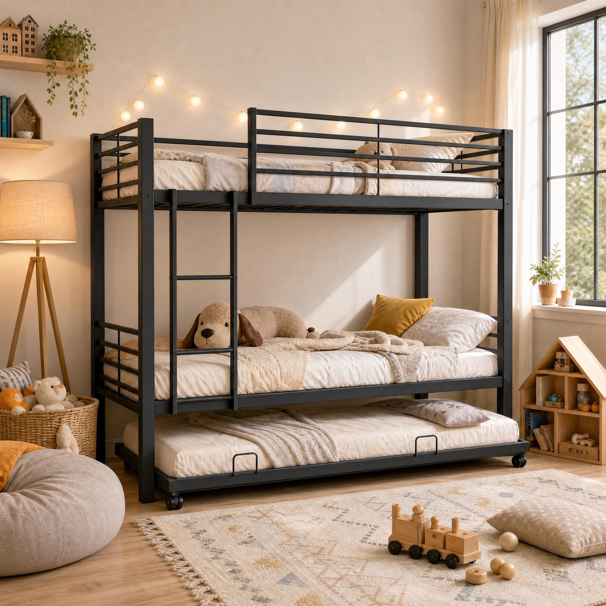 Etagenbett 90x200 mit Ausziehbett, Metall Kinderbett mit Rausfallschutz & Leiter, Platzsparendes Stockbett für 3 Personen & Geschwister,Schwarz