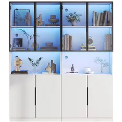 OKWISH Vitrine aus Spanplatte in Weiß mit gehärtetem Glas, LED-Beleuchtung per App/Schalter, verstellbare Ablage, 160x30x200 cm