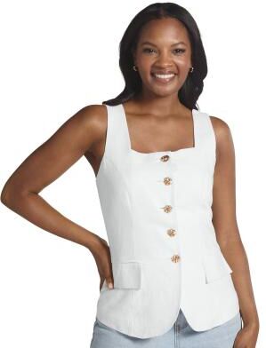 Masseys Hourglass Button-Up Vest (Size 3X) White, Linen,Polyester,Viscose