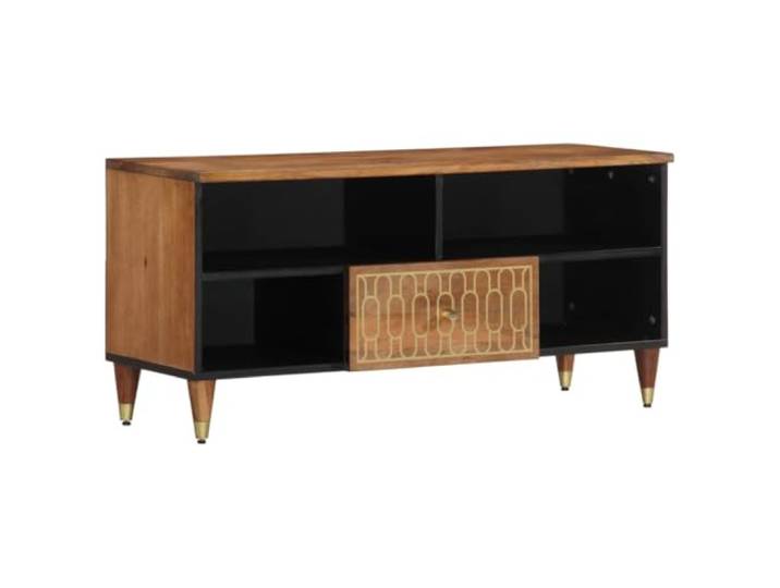 LMTYOENFG TV-Schrank Massivholz Mango Fernsehschrank 100x33x46 cm Retro Lowboard fürs Wohnzimmer aus Mango-Massivholz mit handgeschnitztem Blumenmuster und stabilen Eisenbeinen.