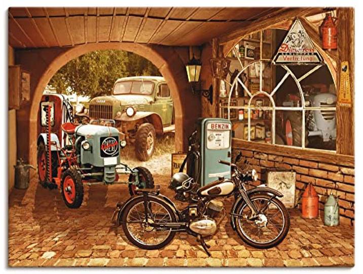 ARTLAND Wanddeko Leinwand Bilder Wandbild Nostalgie Deko Retro Vintage Werkstatt Fahrzeuge Traktor Motorrad T6HX