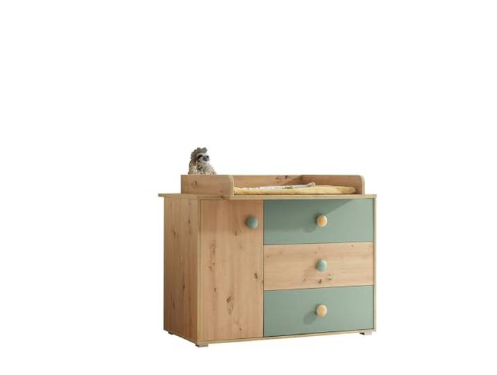 Wickelkommode >Birta< Artisan Eiche Dekor / Salbei, Wickelkommode mit Wickelaufsatz, 3 Schubladen & 1 Tür – 120x99,3x77,6 cm, Dekorfolie, zerlegt – viel Stauraum & modernes Design fürs Babyzimmer