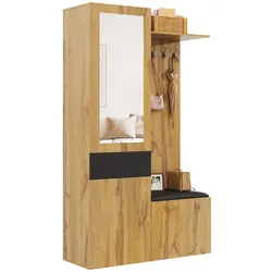 Garderobenset mit Spiegel, Kleiderhaken, Schuhablage und Sitzfläche, verstellbarem Stauraum, Holz und Schwarz, 98x38x191