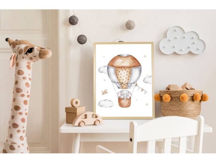 Bild mit Rahmen QUEENCE Elefant im Heissluftballon , beige (farbe bild(er): braun), B:30cm H:40cm T:1,5cm, Holz, Plexiglas, Bilder, Bild mit Rahmen