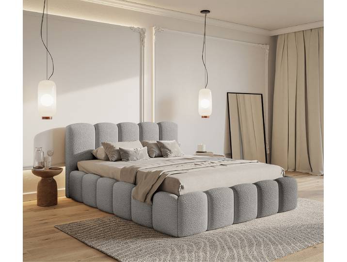 Lit capitonné 140 x 200cm Tissu Bouclé Cady Gris