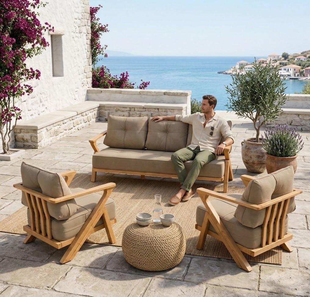 Gartenlounge Set 3-Sitzer Sofa Sessel Beige Komfortabel Terrasse