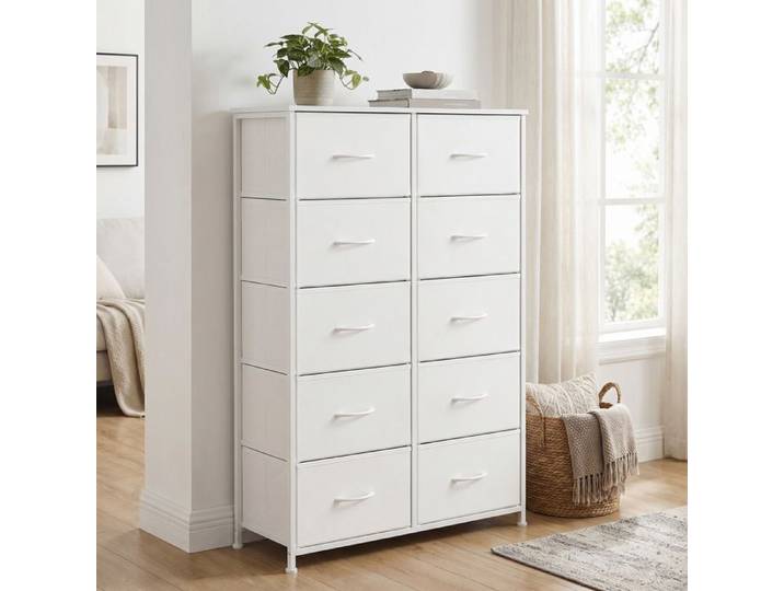 Commode 10 Tiroirs en Tissu Non-tissé pour Chambre Blanc