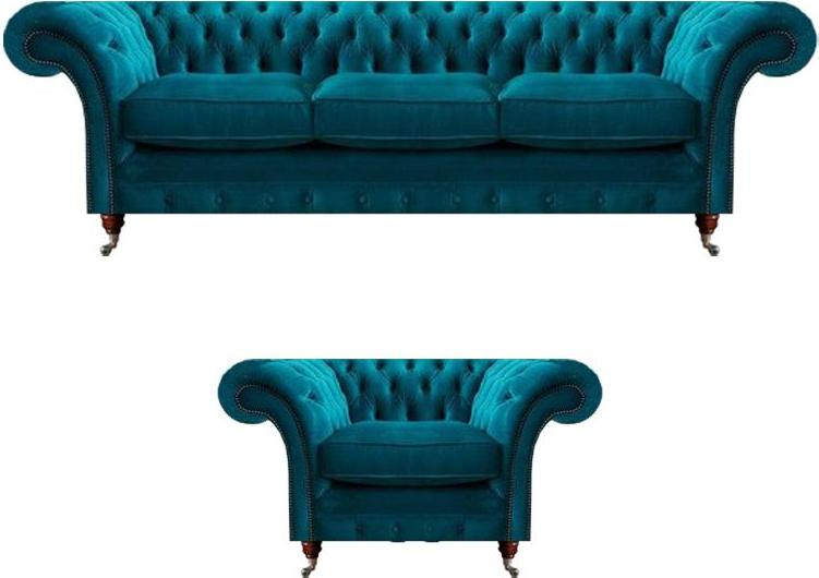Chesterfield Designer 3-Zits Sofa en Fauteuil Set in Lichtblauw