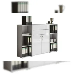 moebel-dich-auf Aktenschrank TABOR 13 in lichtgrau / weiß Hochglanz, Schrankwand, Büroschrank, abschließbar, Metallgriffe