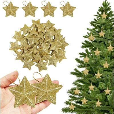 Inspire Select 24pcs Gold Glitter Star Christmas Ornaments Sparkling Hanging Tree Decorations For Holiday Party & Home Decor gold 24 Pcs