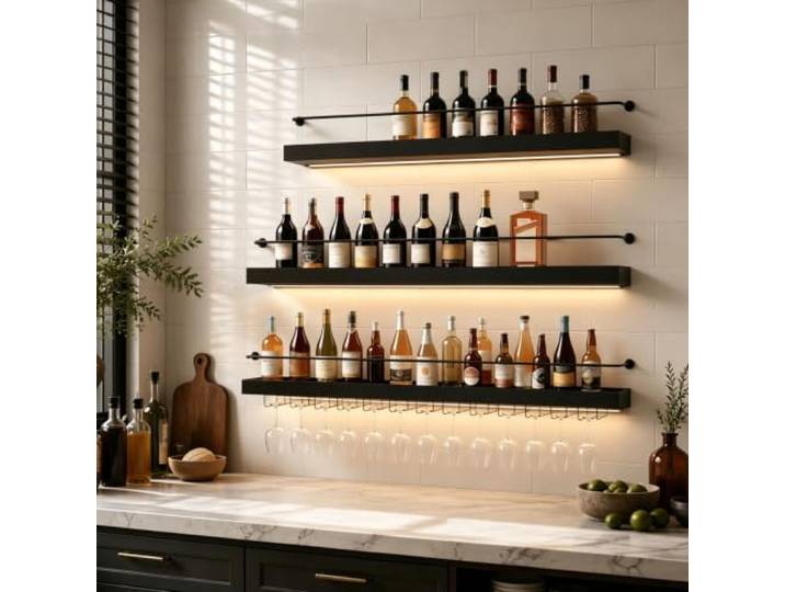 Pazcalie 120cm Modernes Wand-Weinregal Industrieller 3‑Stufen‑Weinregal zur Wandmontage aus Metall, Flaschen‑ und Glashalter – ideal für Küche & Bar