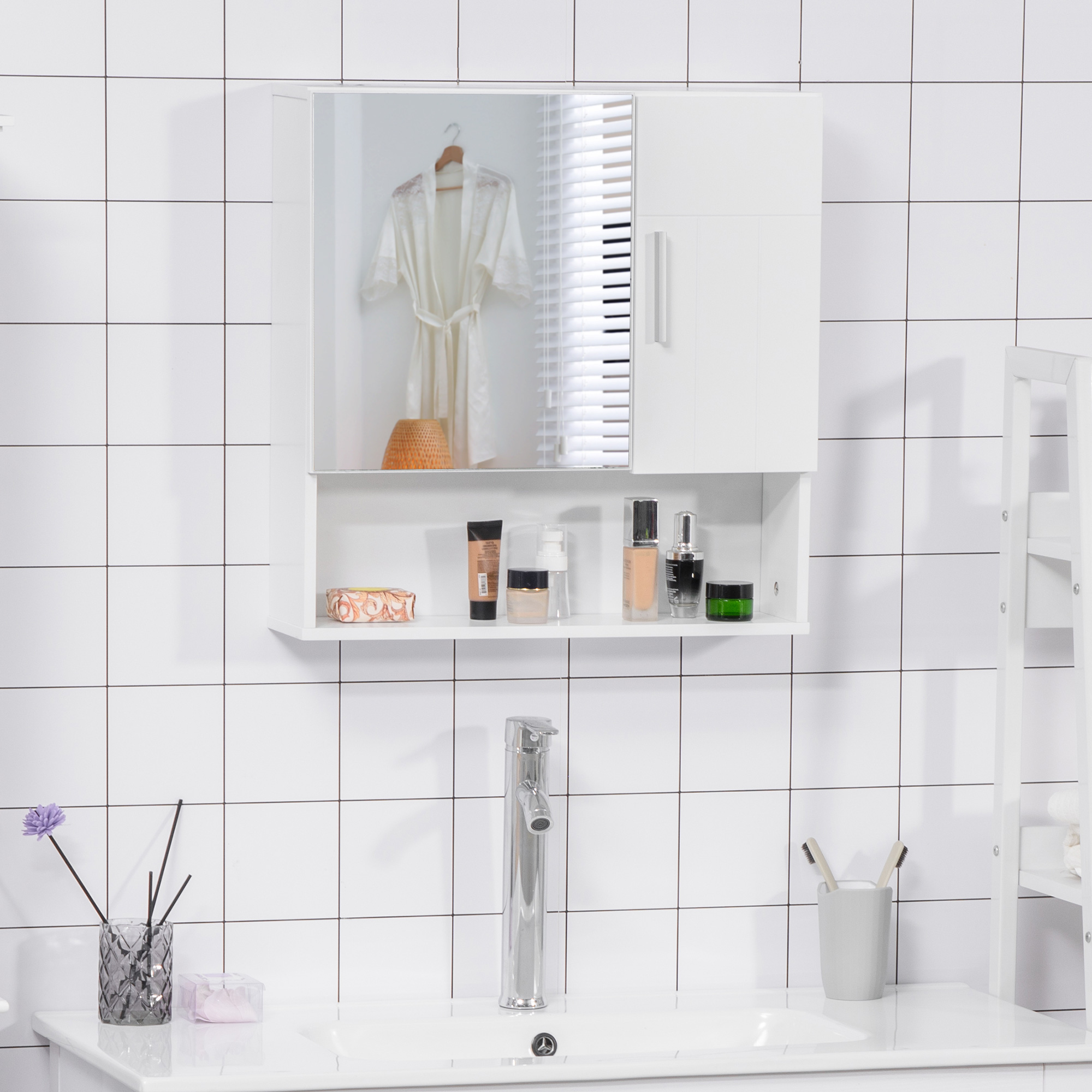 Kleankin Specchiera Bagno in Legno con Mensole Regolabili, Mobile Bagno a 2 Ante e Ripiano Aperto, 54x15.2x55.3cm, Bianco Aosom