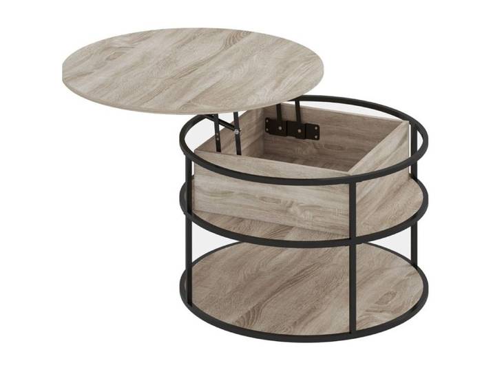 ELVORIN Table basse ronde relevable Ø80 cm rangement aspect chêne MDF métal