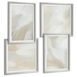 BILDER SET 4er Set - 50x50 cm & 40x60 cm Silberner Rahmen - Abstrakte Pinselmalerei auf Leinwand