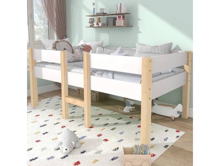 Lit enfant mi-hauteur scandinave avec barrières de sécurité en bois massif